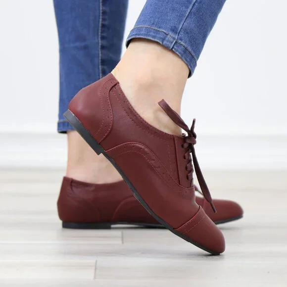 Wine Synthetic Leather Lace up Flat Heel Oxford Style Shoes - Picture 5 of 15
